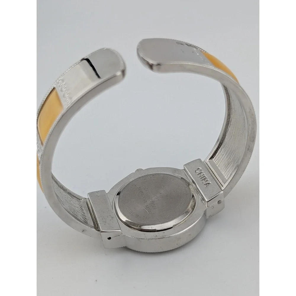 Studio Time Watch Women 33mm Silver Tone Yellow MOP Inlay Cuff Bling New Battery
